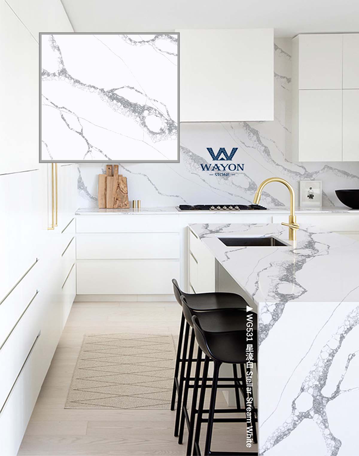 Base blanca brillante con líneas de textura suave, que combina belleza y practicidad para un espacio de estar elevado, donde lo tradicional se encuentra con lo contemporáneo.